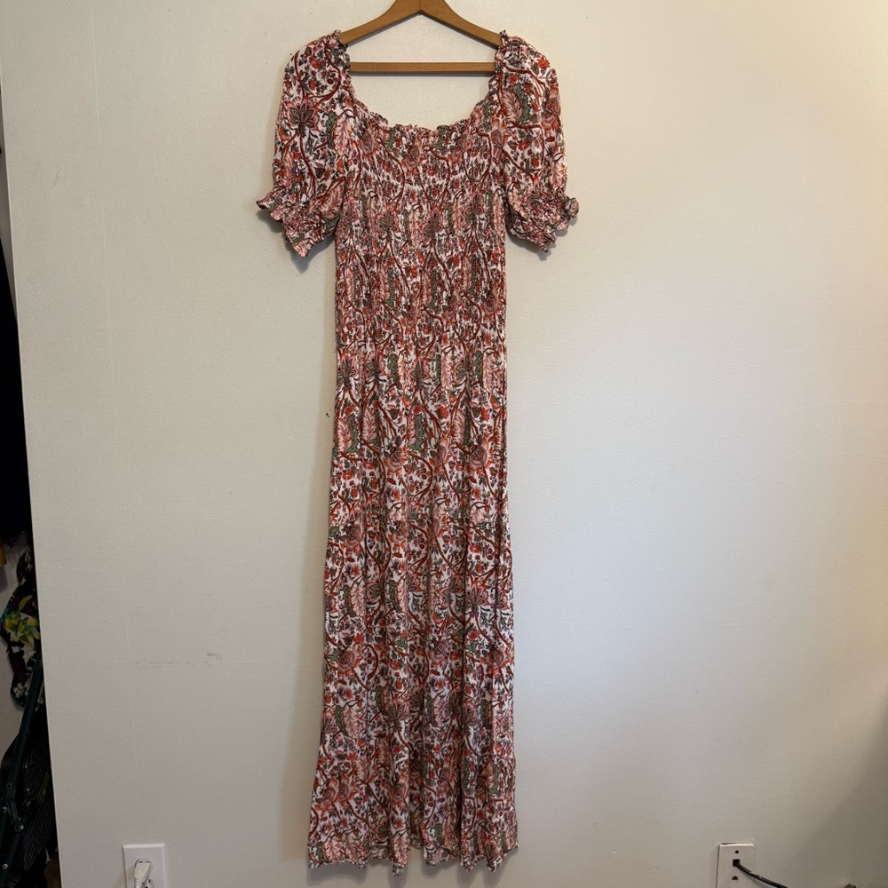 Max Studio Maxi Dress Short Sleeves Floral Smocking M Cottagecore Peasant Boho
